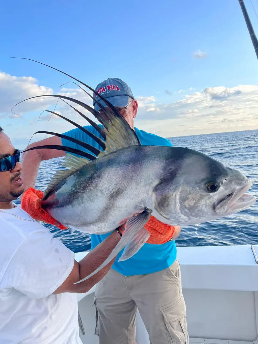 Angler holding a roosterfish caught inshore off Quepos